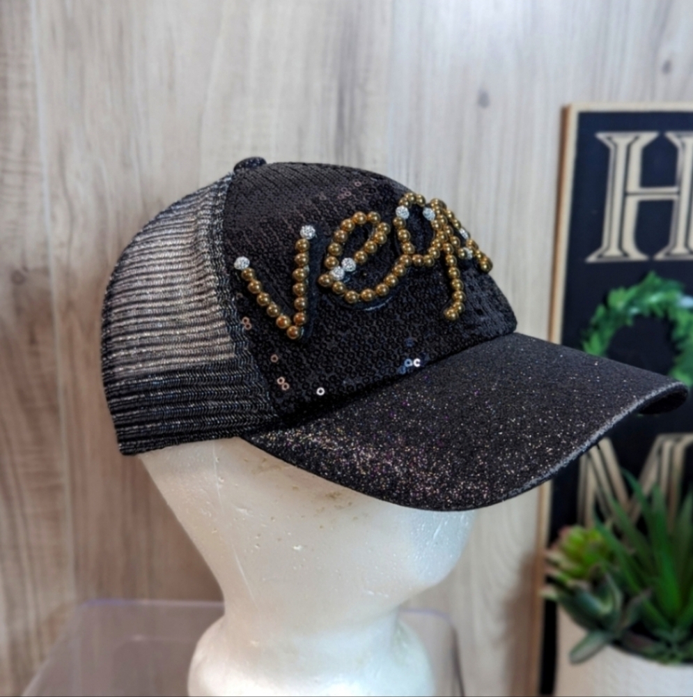 Las Vegas Baseball Hat Black Gold Sparkly Bling Mesh Snapback